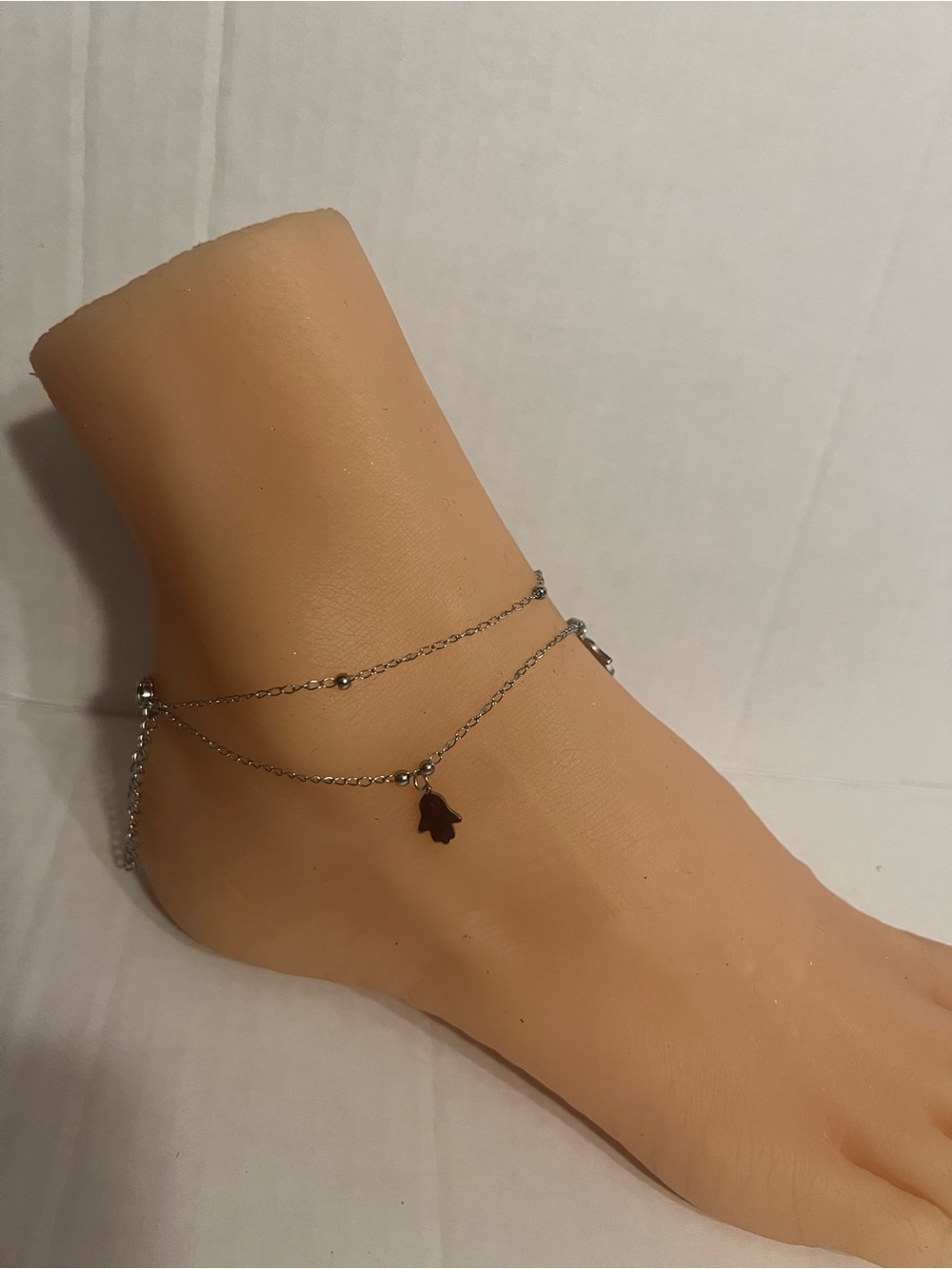 Delicate Silver Double-Layer Hamsa Anklet